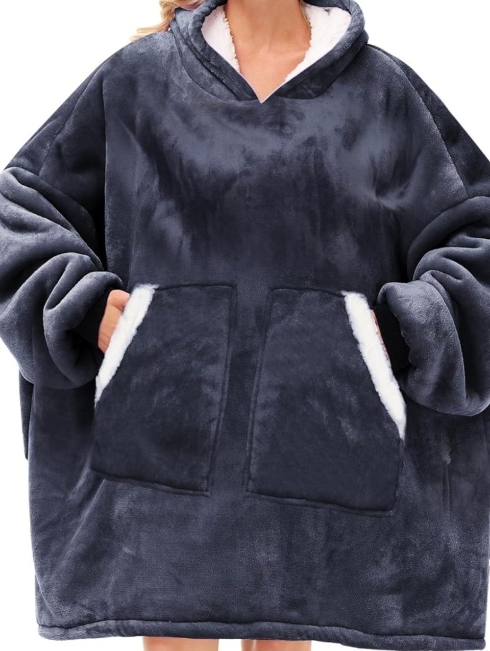 Plush Oversized Hooded Wearable Blanket - Charcoal with Sherpa Trim Unisex. NEW